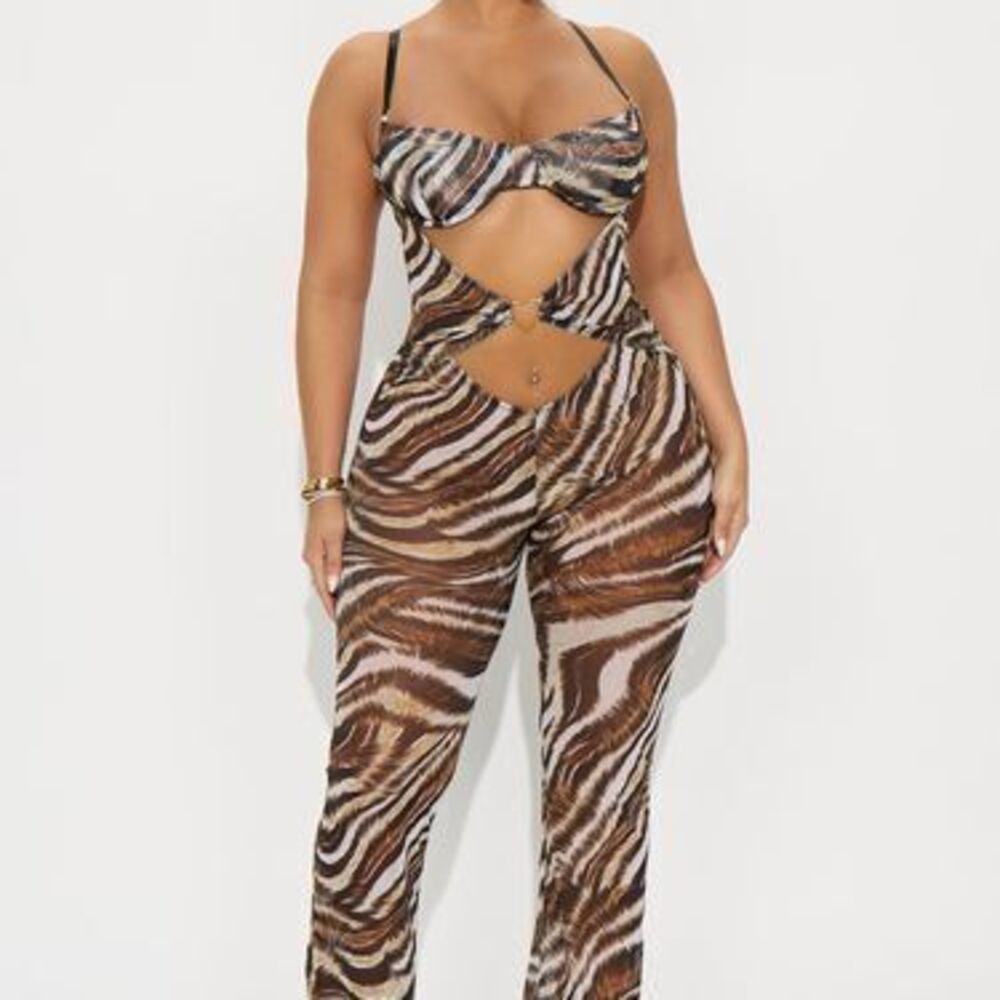 Take Me Sheer Underwire Heart Hardware Flare Jumpsuit - Brown/combo - L